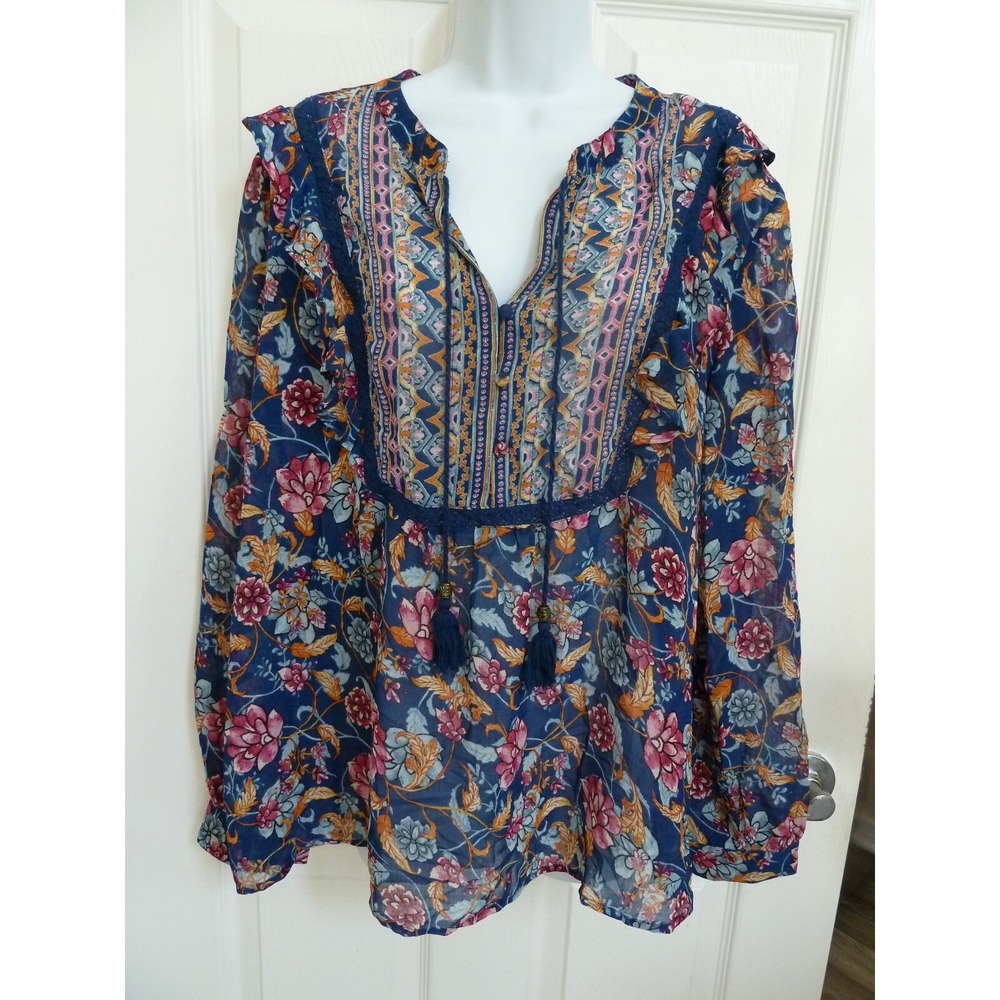 Vintage America XL Semi-Sheer Blouse Boho Tasseled Ruffle Floral Top Multicolor